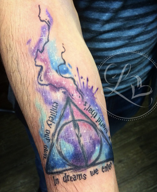 Watercolor Harry Potter lettering tattoo