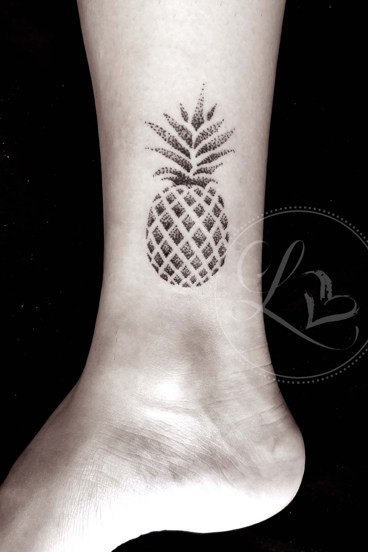 Dotwork pointillism pineapple ankle tattoo