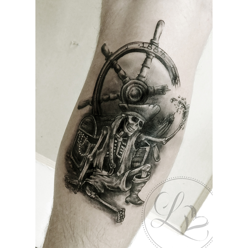 Pirate skeleton black and grey realistic tattoo