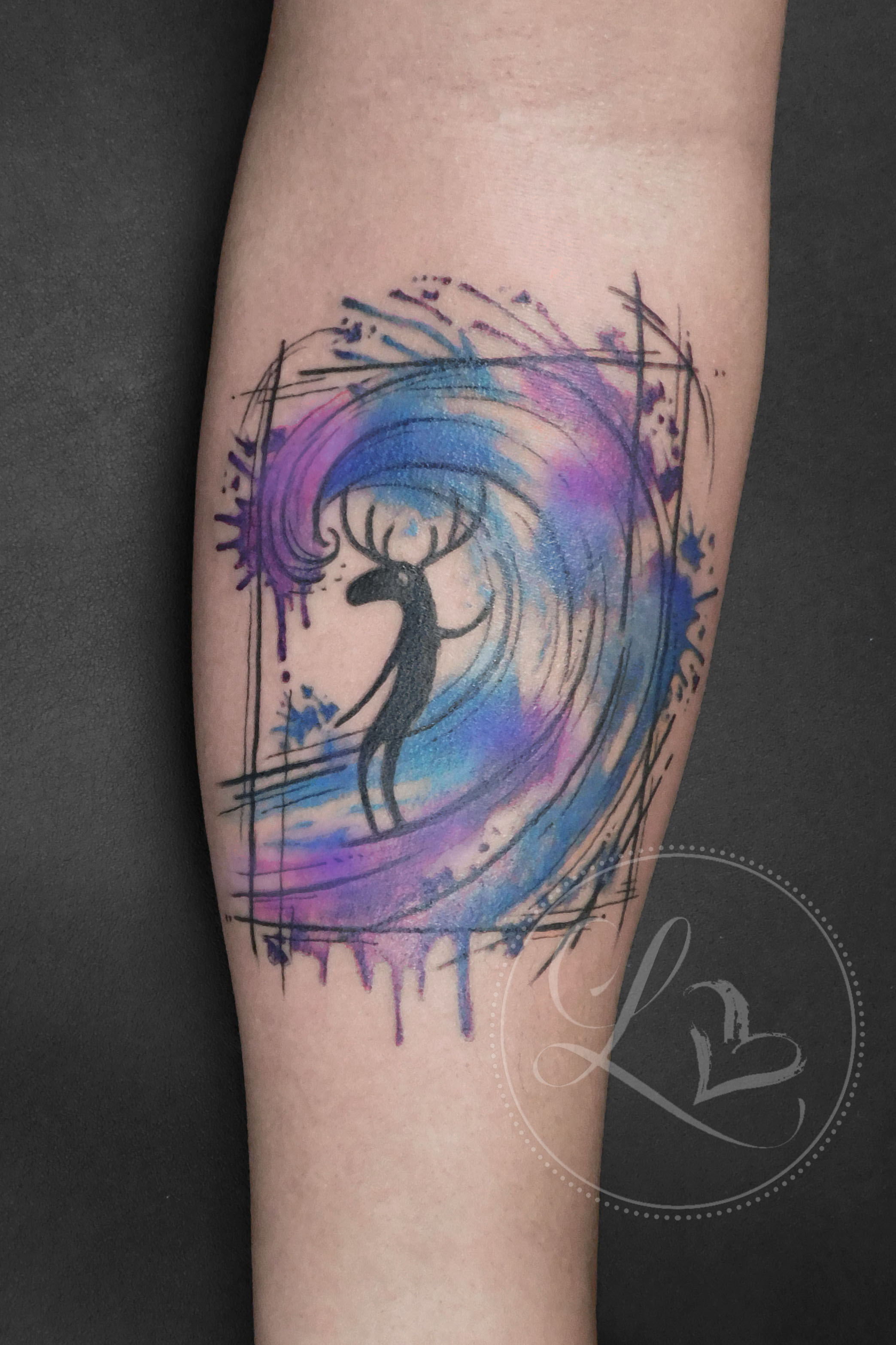 Watercolor surfing moose tattoo with sktechy abstract linework