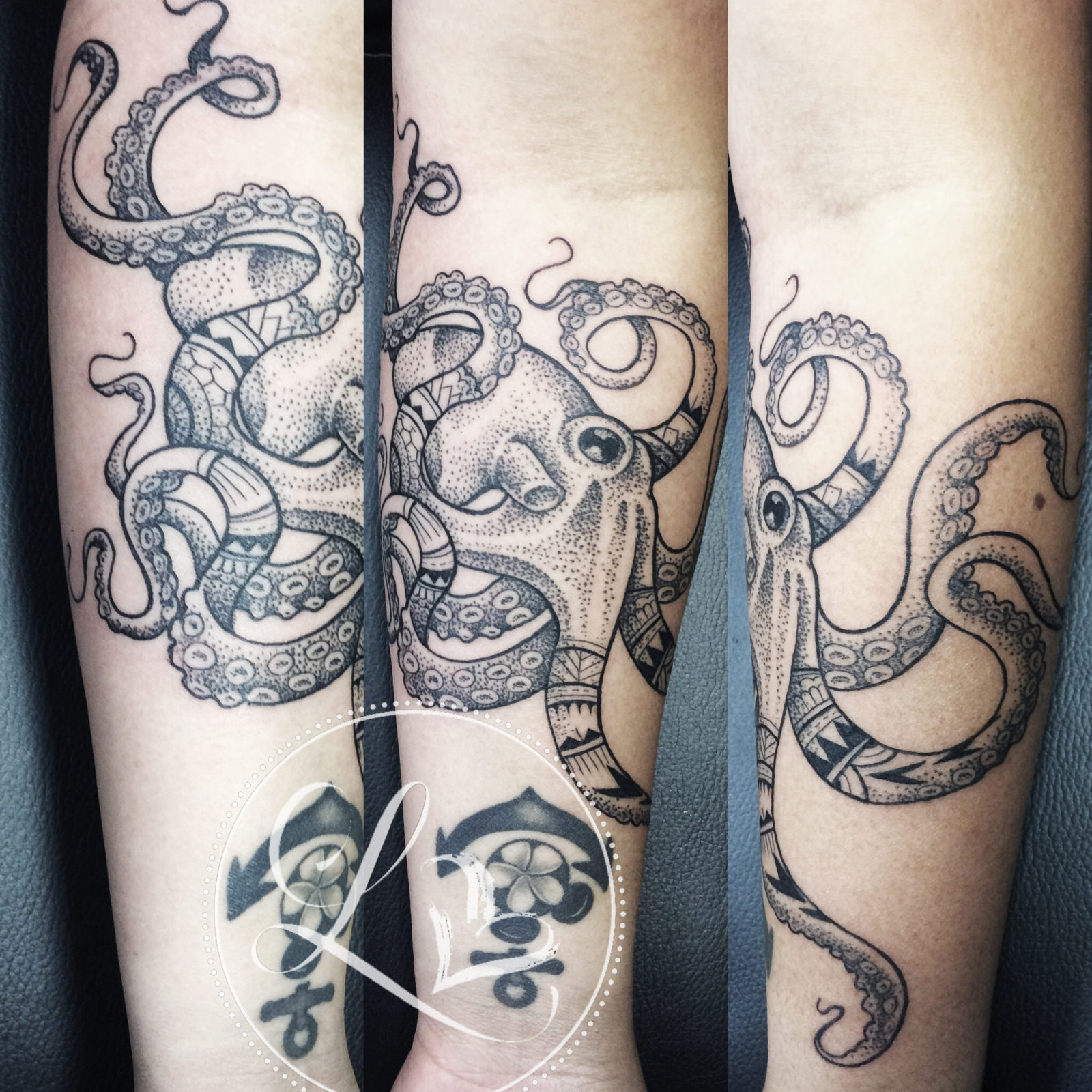 Dotwork pointillism octopus forearm tattoo