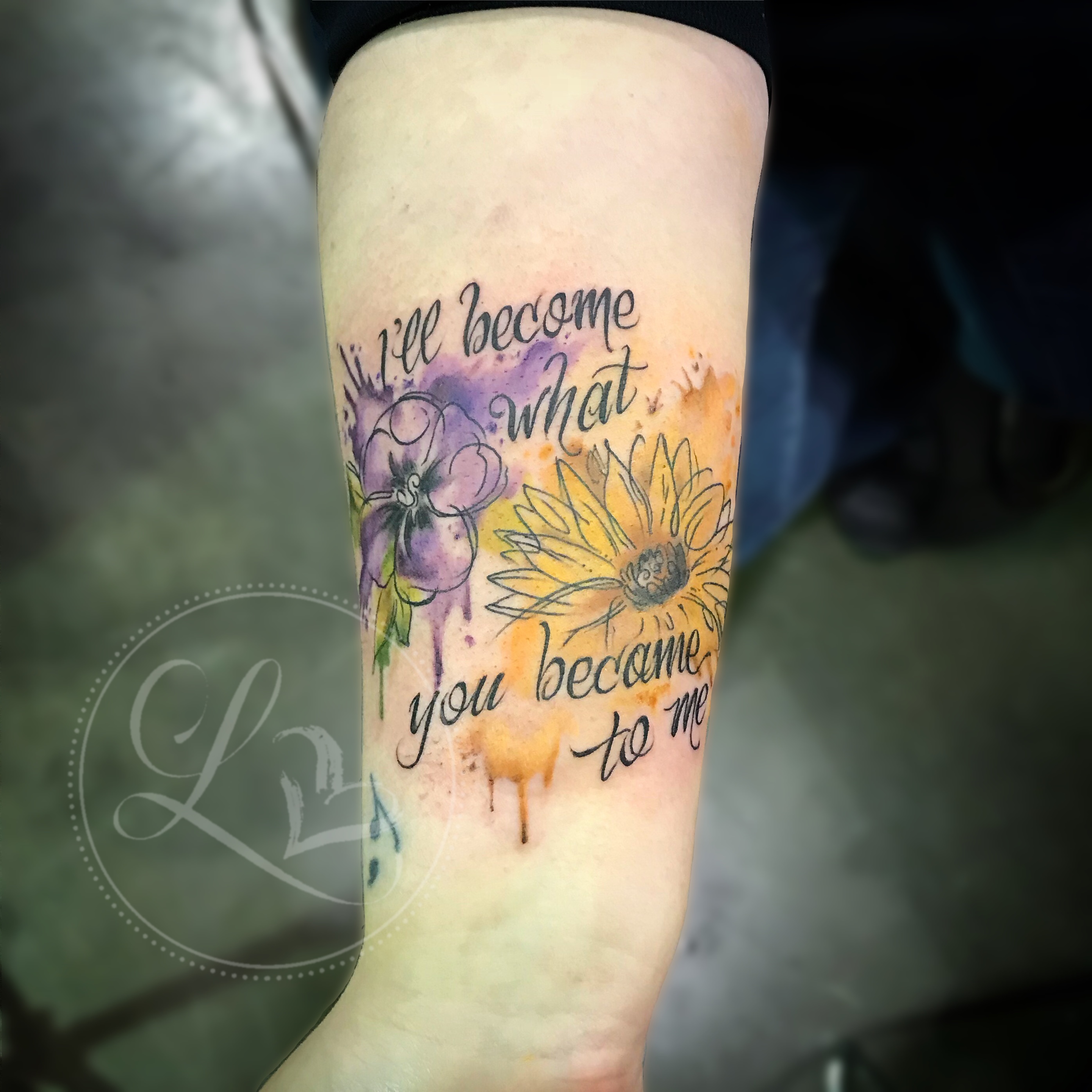 Watercolor floral tattoo, featuring sunflower and violet, with lettering