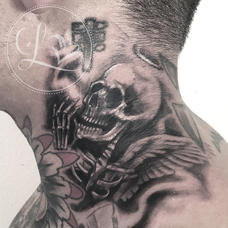Black and grey realistic tattoo on a neck of a skeleton with a halo and wings praying