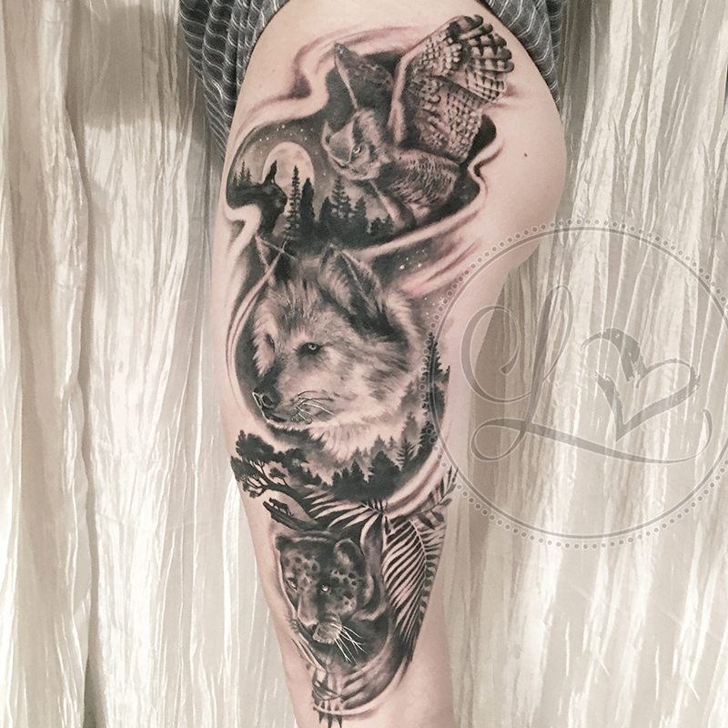 owl wolf panther thigh tattoo black and grey realistic