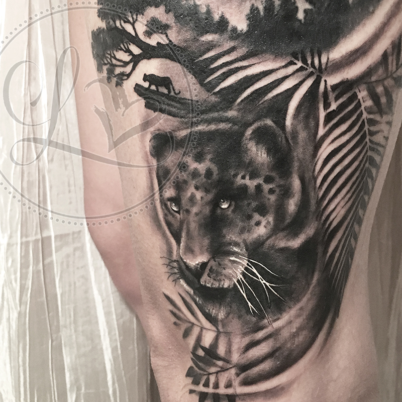 panther jaguar black and grey realistic thigh tattoo