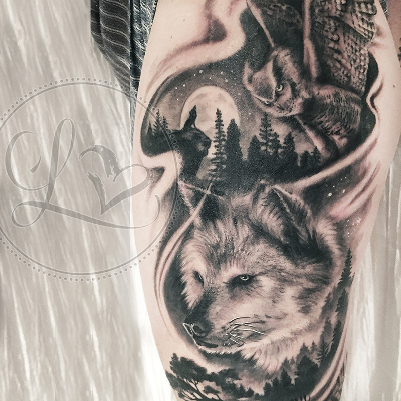wolf owl black and grey realistic thigh tattoo