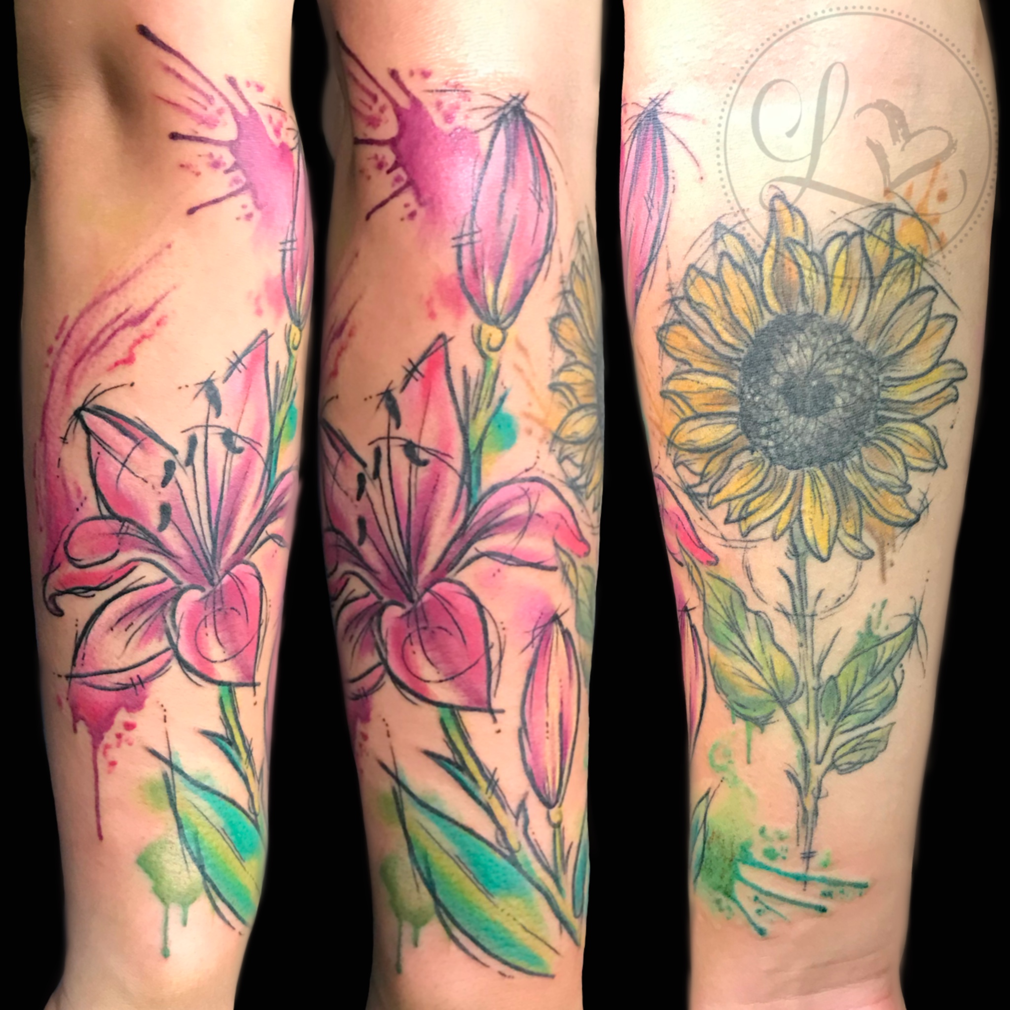Watercolor half sleeve tattoo of pink stargazer lily and sunflower