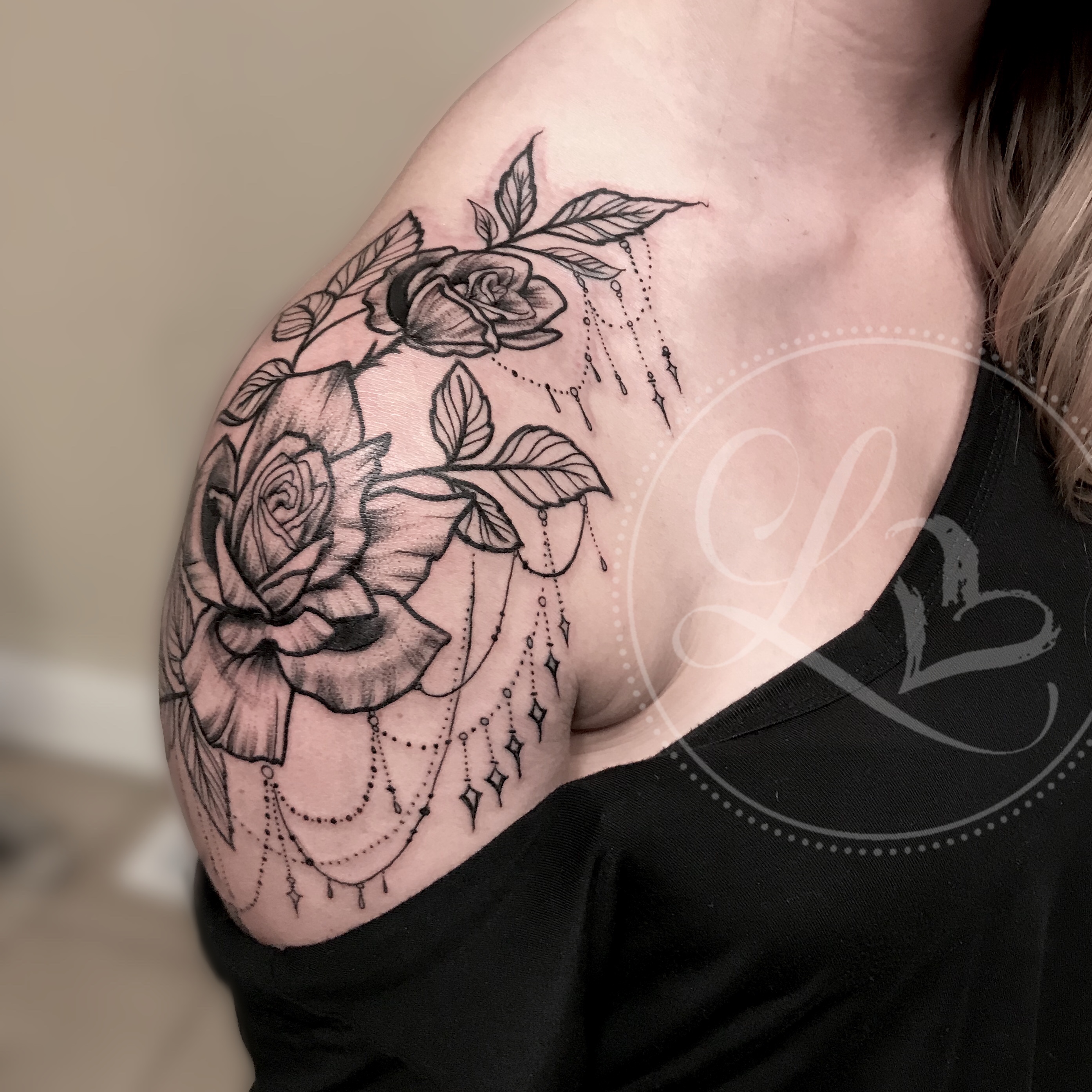 Ornamental roses floral linework shoulder tattoo