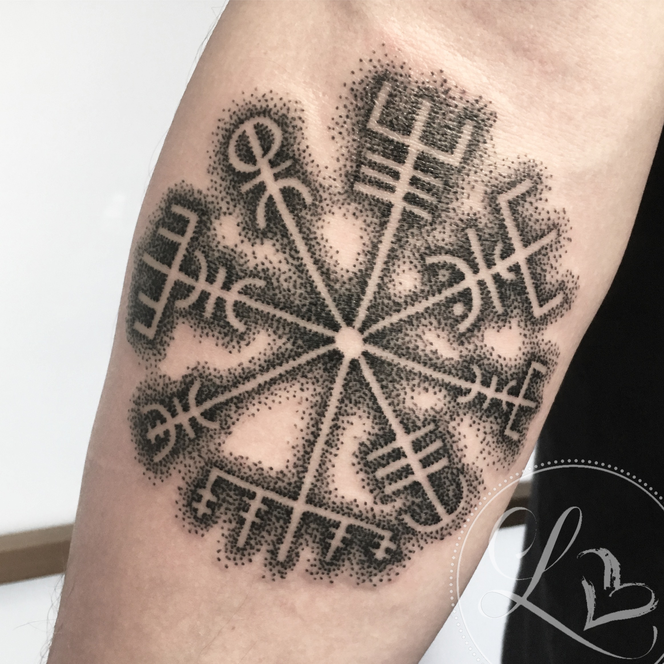 dotwork pointillism nordic compass viking tattoo