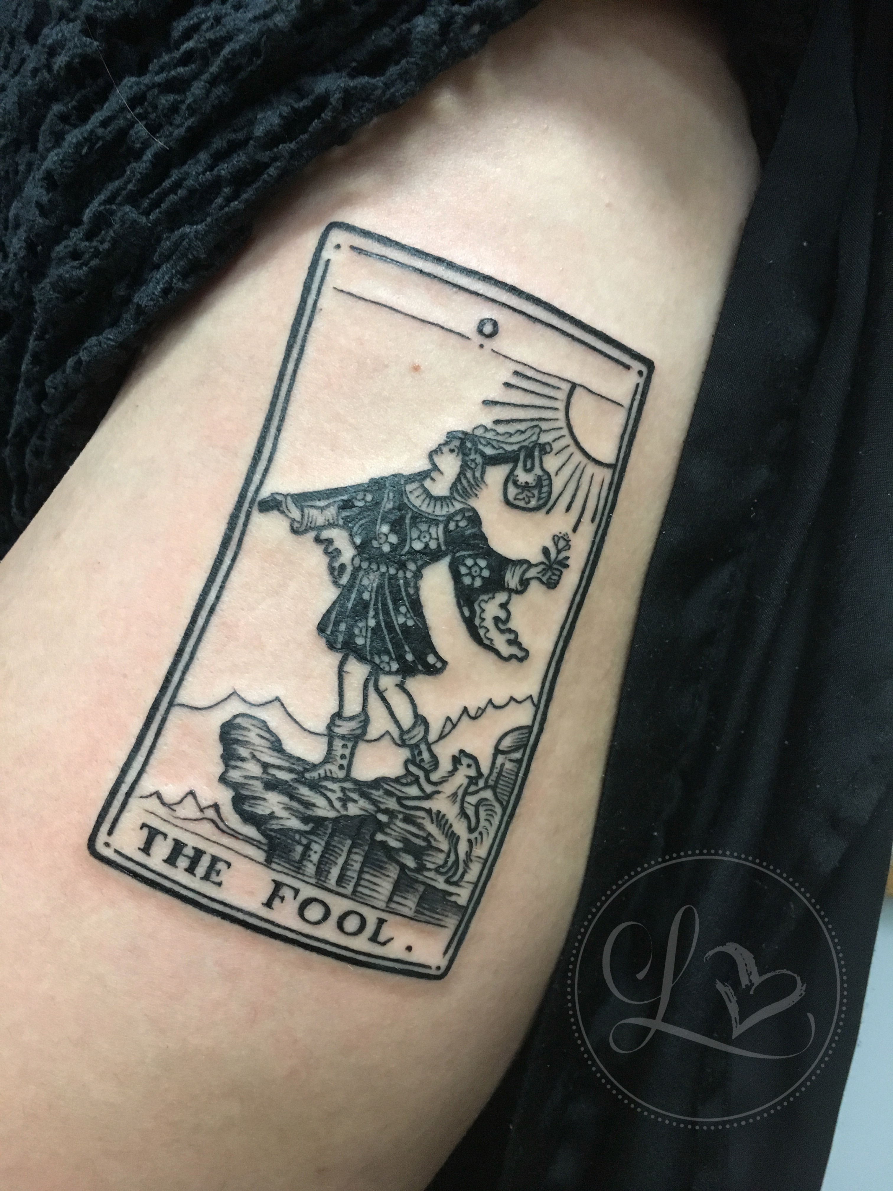 fool tarot card linework tattoo