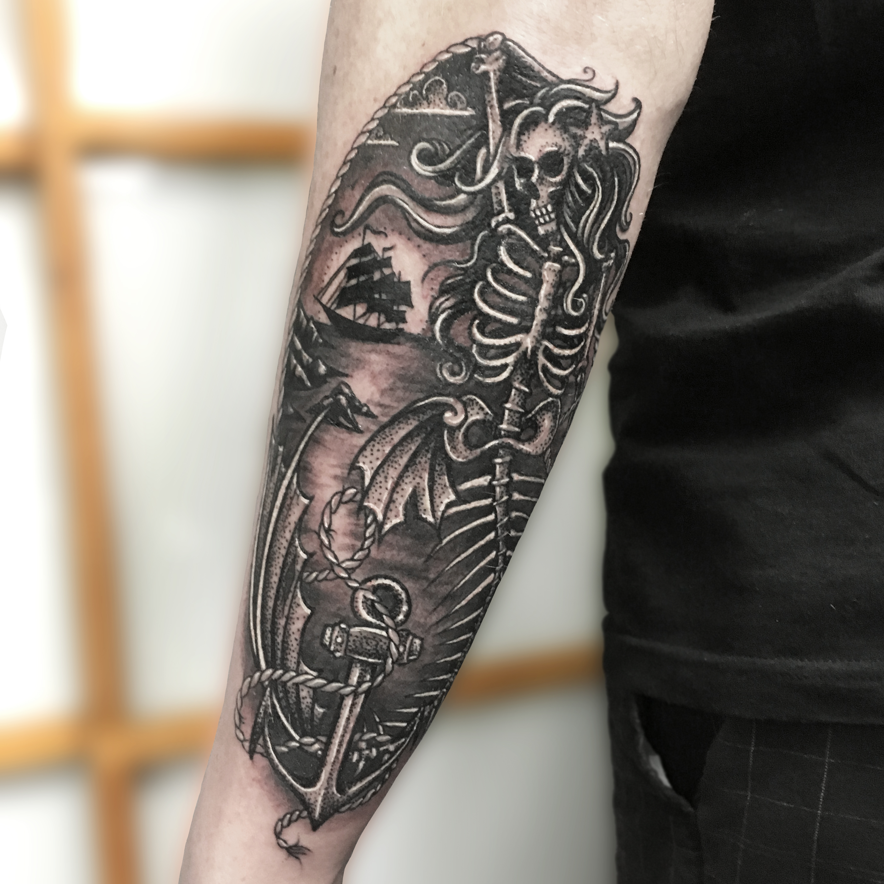 Dotwork pointillism skeleton pirate sailor anchor mermaid tattoo