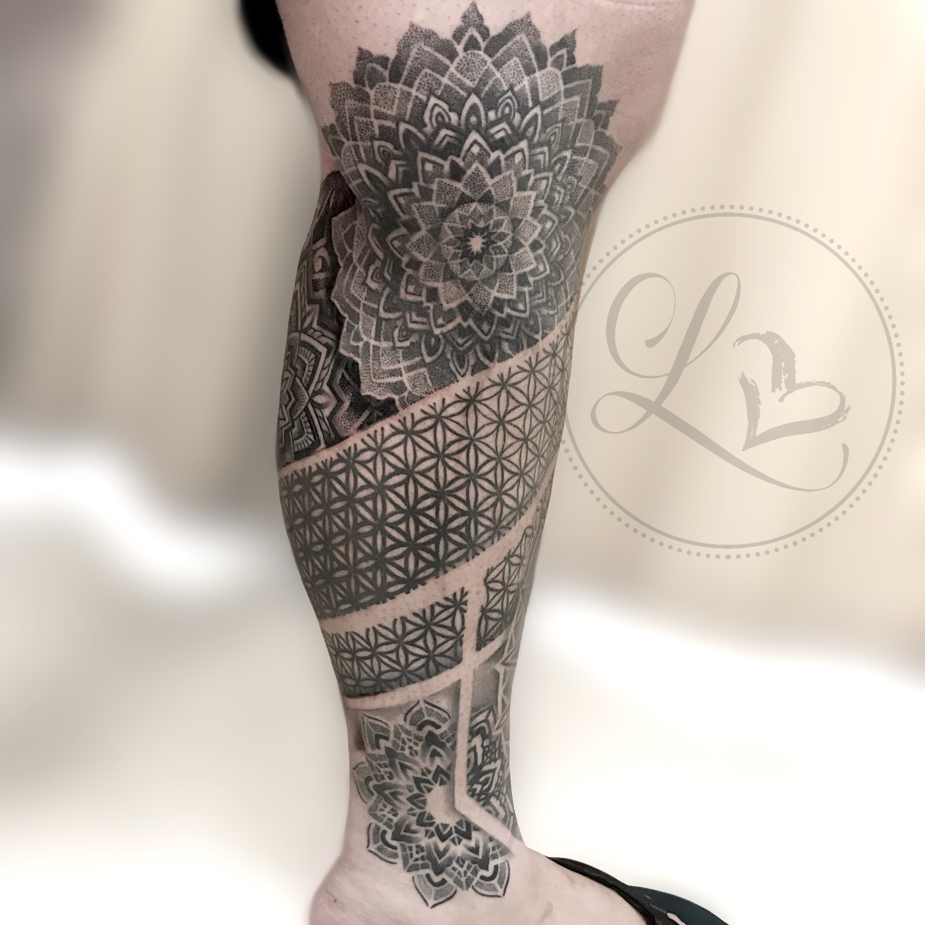 geometric mandala pointillism dotwork linework leg sleeve tattoo