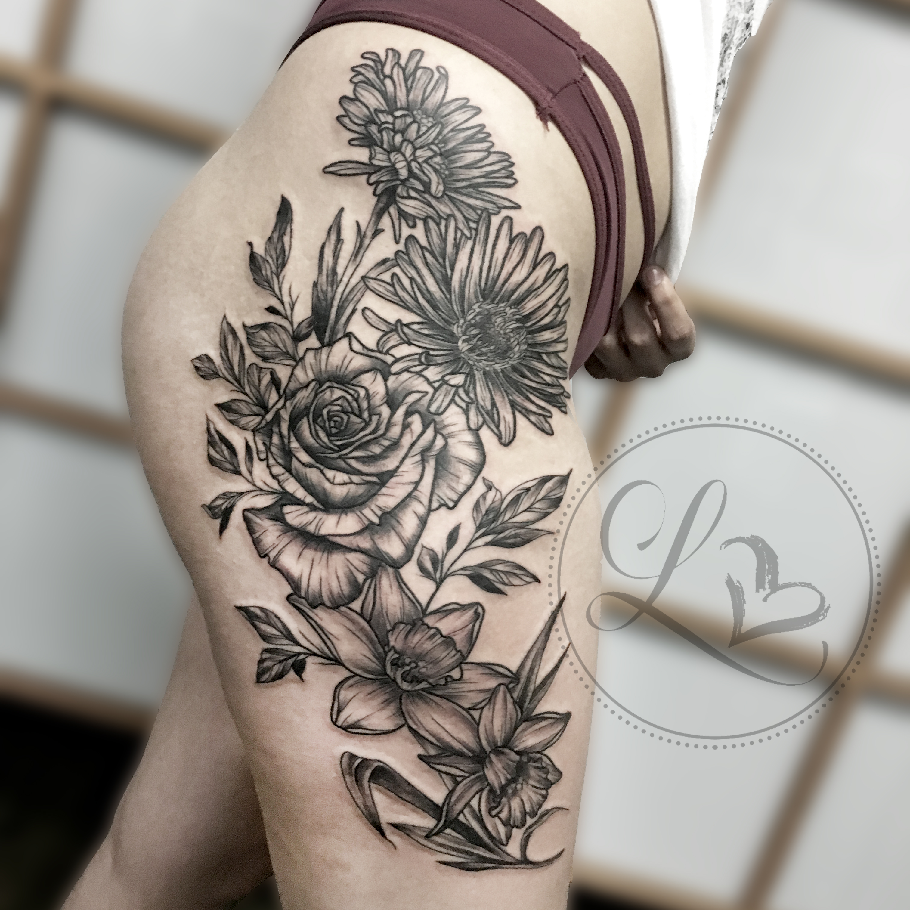 floral flowers rose daisy dahlia thigh hip tattoo