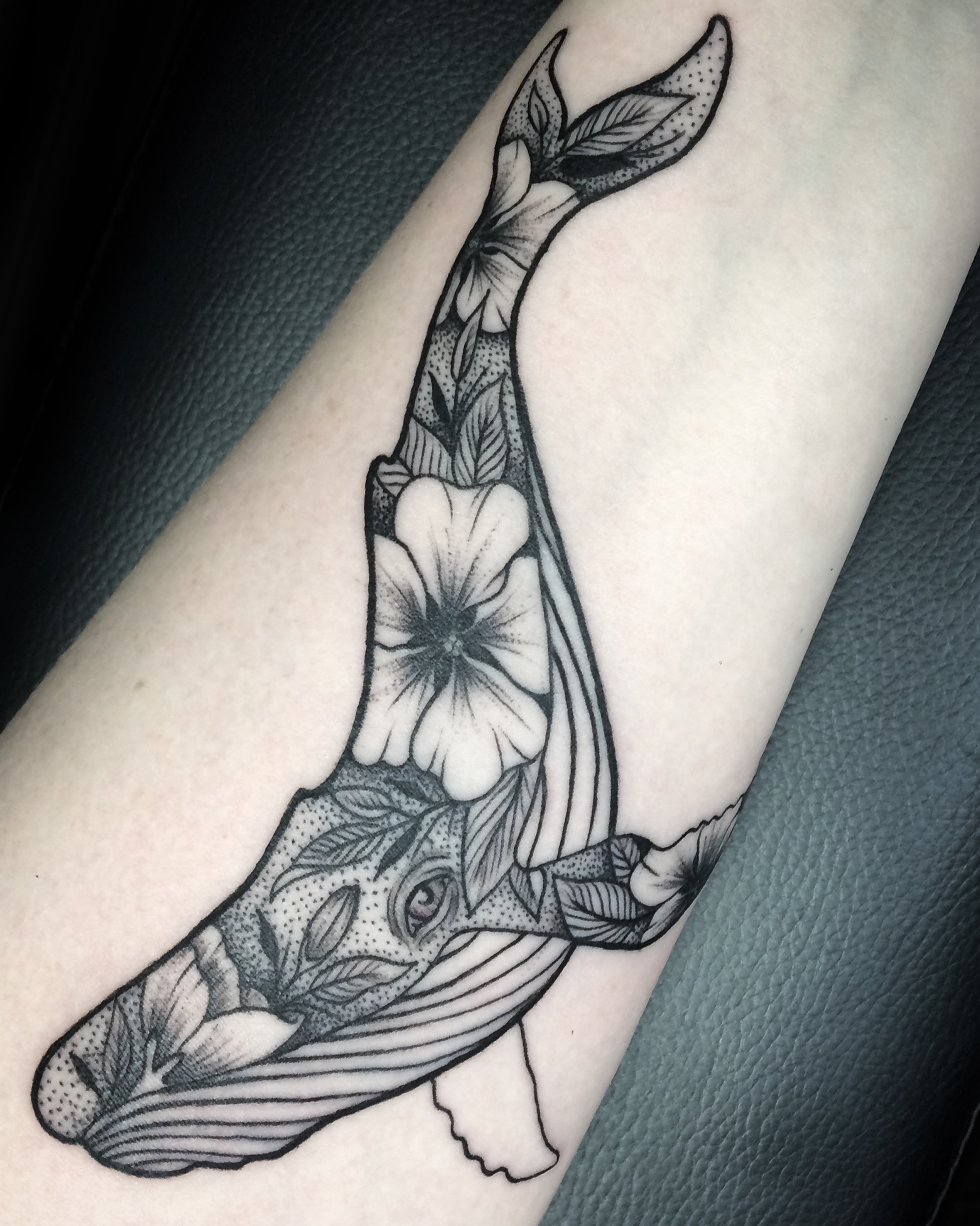 Dotwork floral humpback whale tattoo