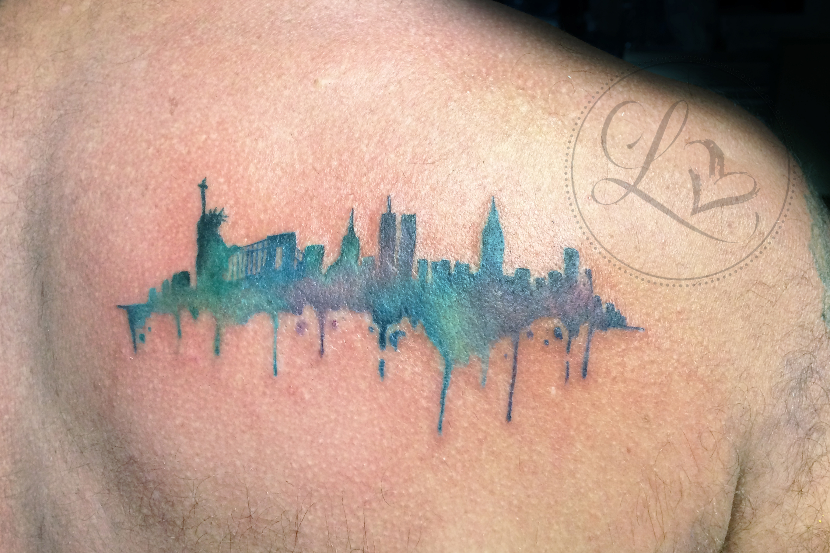 Watercolor New York City skyline colorful tattoo