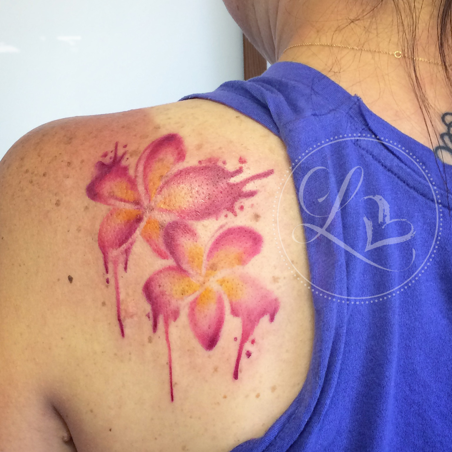 Watercolor style plumeria tattoo pink and yellow