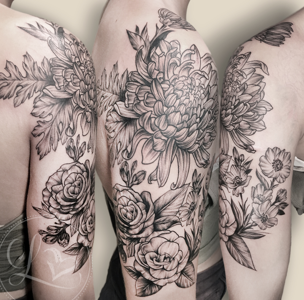 floral flowers camellia chrysanthemum half sleeve