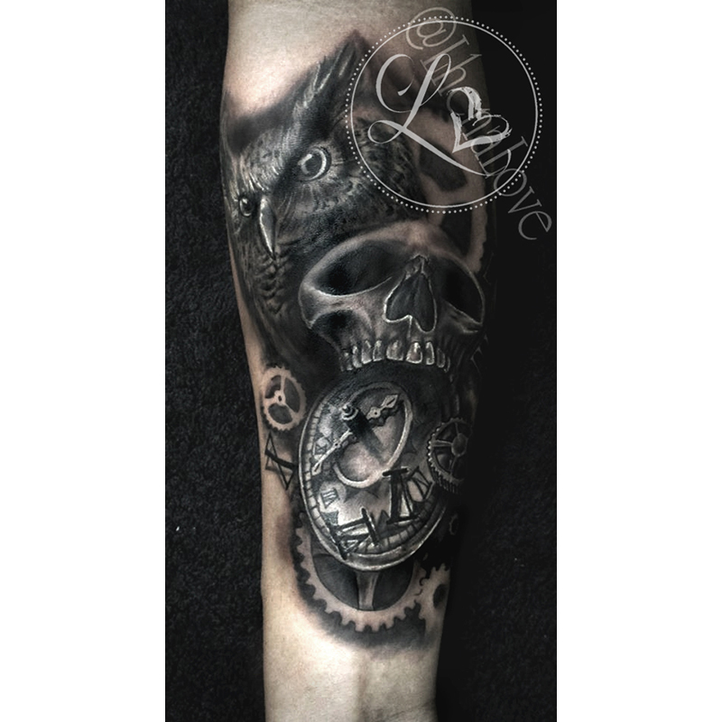Black and grey realistic tattoo of an owl, skull, and clock