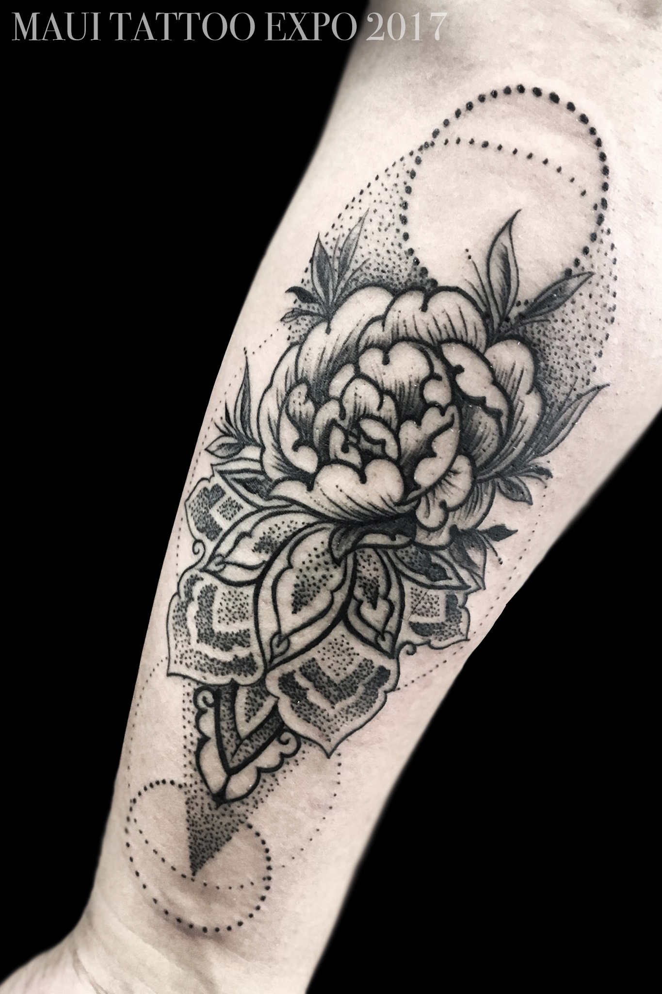 peony flower dotwork geometric forearm tattoo