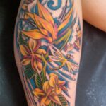 Tropical floral half sleeve color tattoo plumeria bird of paradise dragonfly - by QOH tattoo artist Leilani